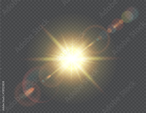 Sun light glaring blast realistic vector illustration. Sunlight shining effect. Bright spark with halo 3d element on transparent background