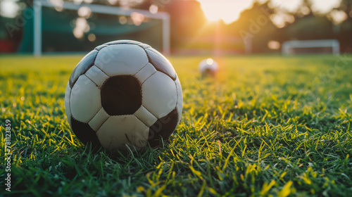 A soccer ball rests on the vibrant green grass of a field, ready for a game of football. The light shines down on the sports equipment, inviting people to enjoy playing soccer in nature © Bogdan Pictures