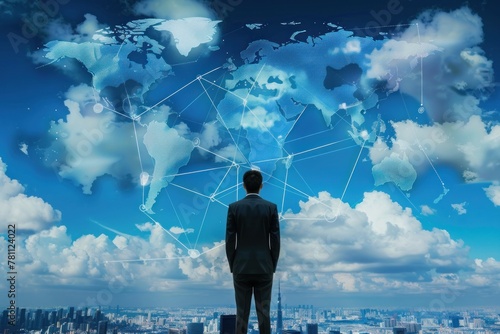 Businessman standing in front of cityscape with world map and global network connection
