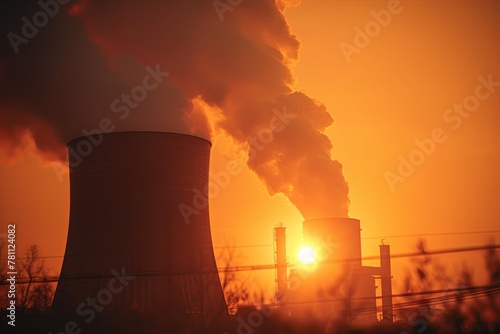 Power nuclear plant emitting thick smoke in the atmosphere. Pollution, global warming, ecology preservation. Ai Generative