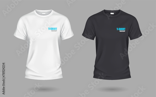 Black and white t-shirts with copy space realistic vector illustration set. Casual apparel with print mockup template 3d objects on grey background