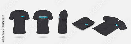 Black mockup t-shirts realistic vector illustration set. Casual clothes with brand design template 3d objects on grey background