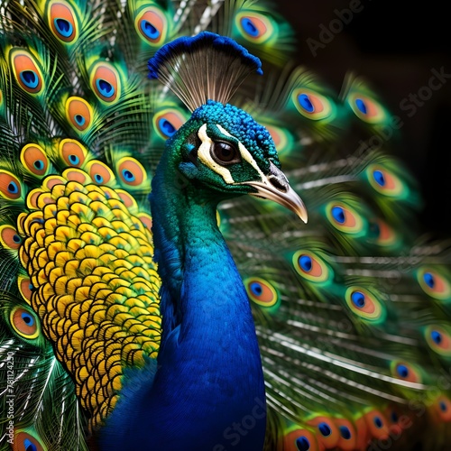 A peacock with its tail feathers out
