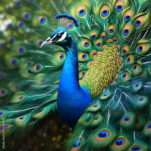 A peacock with a green tail that has the word peacock on it.
