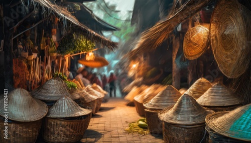 a vibrant street market with vietnam style filled with wicker basket and traditional hat