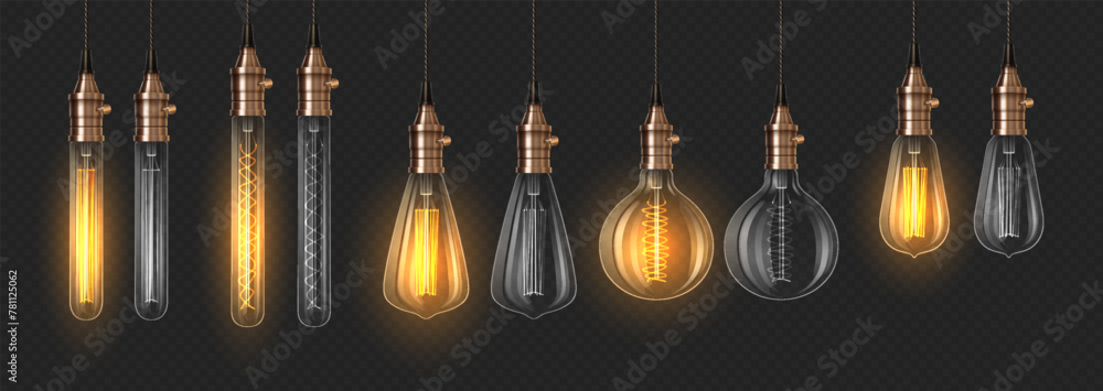 On and off lightbulbs 3d realistic vector illustration set. Lighting equipment assortment design. Edison lamps on dark background On and off lightbulbs 3d realistic vector illustration set. Lighting equipment assortment design. Edison lamps on dark background