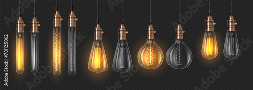 On and off lightbulbs 3d realistic vector illustration set. Lighting equipment assortment design. Edison lamps on dark background photo