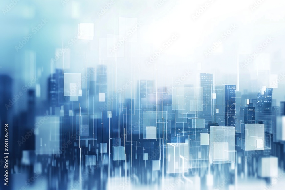 Abstract blurred cityscape background with blue and white cubes. Digital technology concept. Abstract digital landscape background.