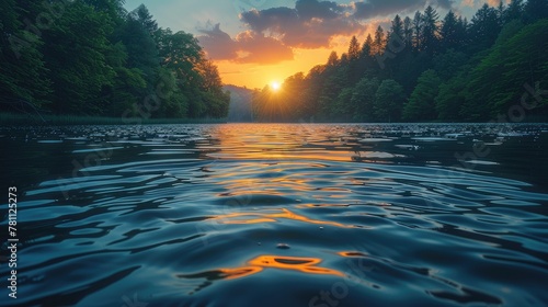 Lake in the forest on a clear summer day. Specular reflection in the water. Green foliage of trees. Coast. Blue sky with white clouds on a sunny day.