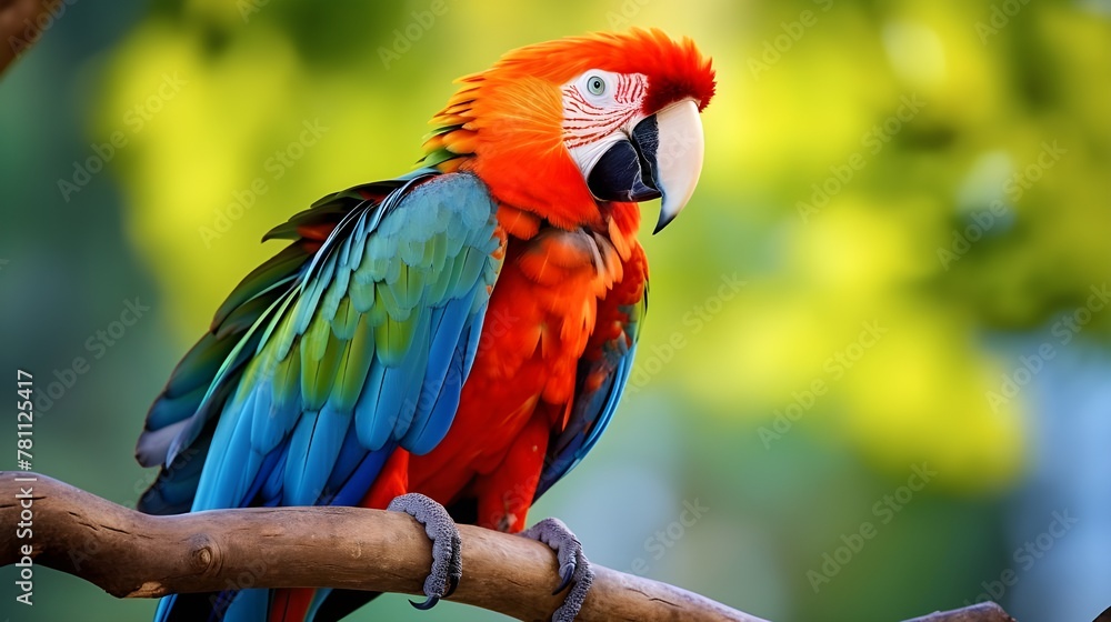 Um papagaio colorido senta-se em um galho com penas verdes e azuis.
