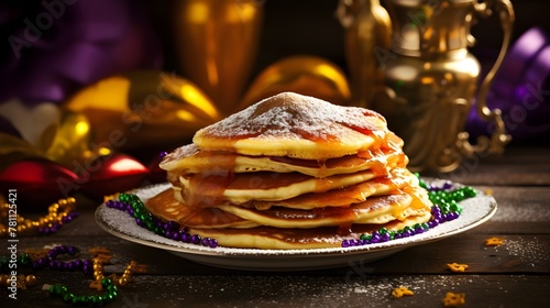Close up american pancakes on a christmas theme background 