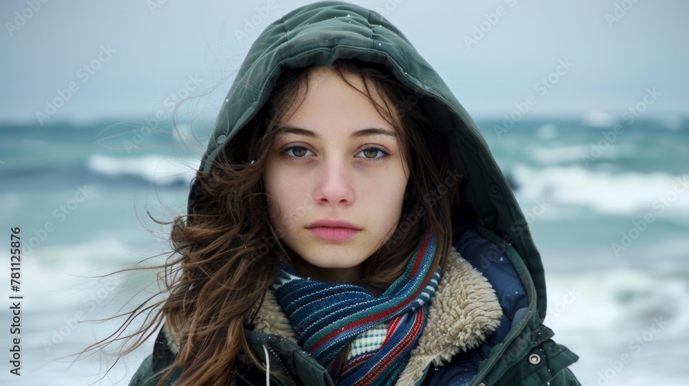 Woman in hooded jacket and scarf on shore facing camera