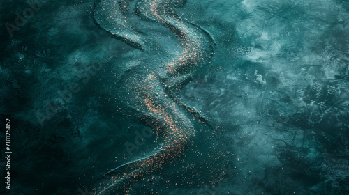 Abstract background resembling aerial view of a winding river with a textured blue background.
