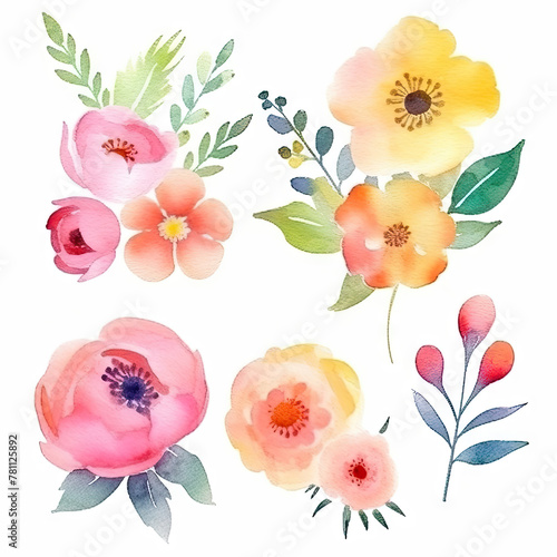 Set of red, yellow, pink multicolored soft flowers and green leaves. Different beautiful flowers on white background