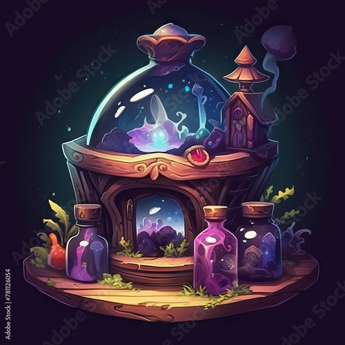 Magical composition with blue, purple liquid in bottles. Mystique wizard kitchen, alchemy concept on black background
