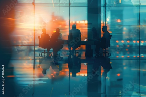 Abstract blurry background of business people in a conference room meeting. A business team working together at an office table with a blue glass window viewing a cityscape outside