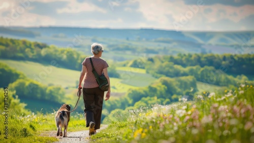 Active boomer 70 years old woman walking with bag across her back, her leashed dog on left side. Sunny summer, spring picture in a green landscape scenery. Concept of health, wellness, autonomy. 