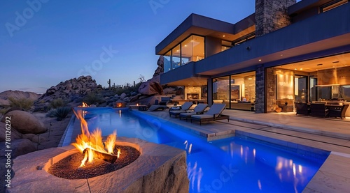 outdoor living space - modern mansion in the desert at night with swimming pool