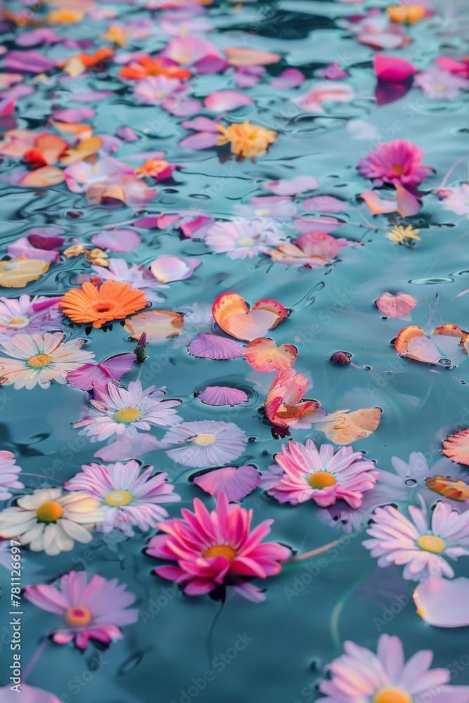 Colorful flower petals on water's surface