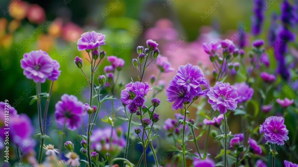 Purple flowers and green leaves in garden with pink flowers Purple flowers and green leaves in garden with pink flowers