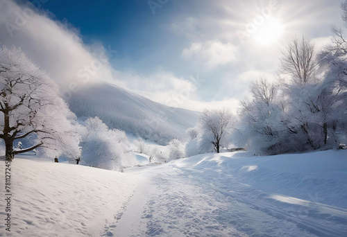 Snow covered trees dotting a mountainous winter landscape under a blue sky © TeTe Song