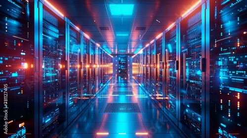 High-security cybersecurity data center, glowing servers, digital protection