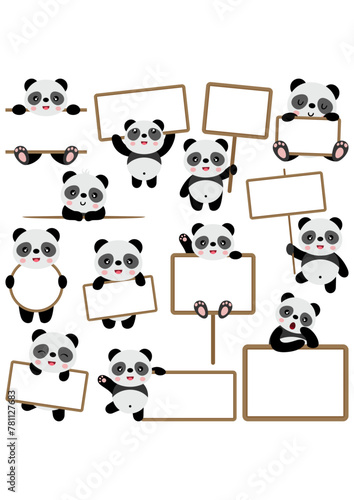 Set digital collage of panda with blank banners