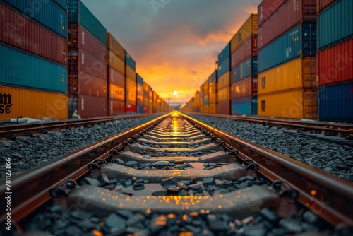 Railway tracks leading into colorful container port