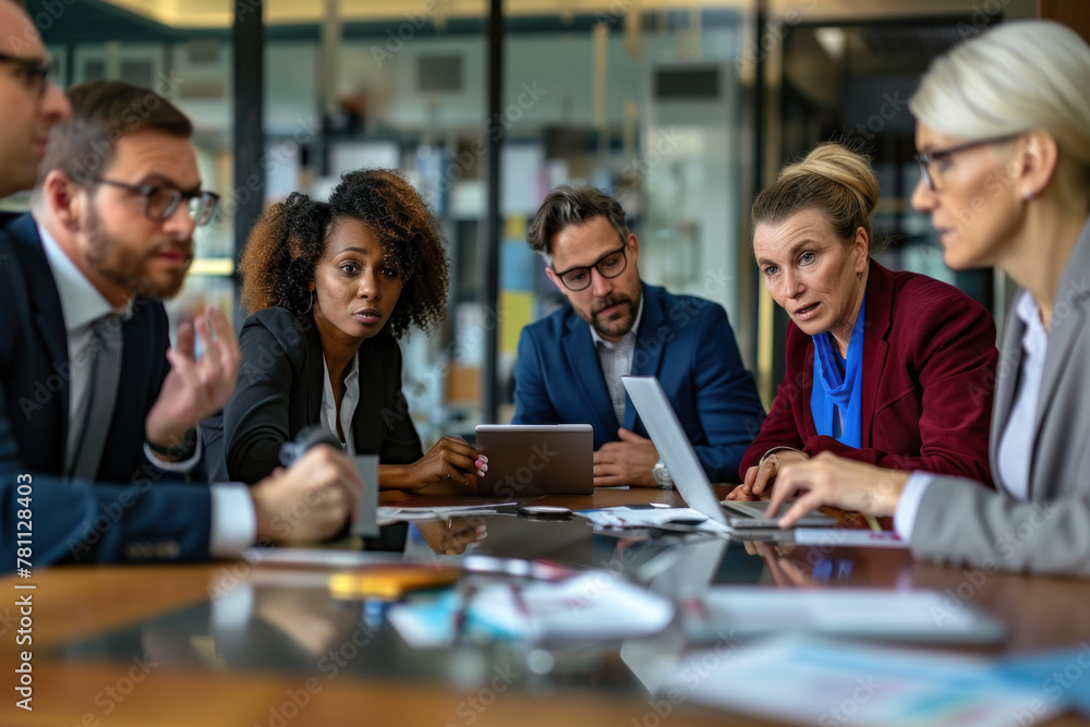 A diverse group of business people gathered around an office table A diverse group of business people gathered around an office table