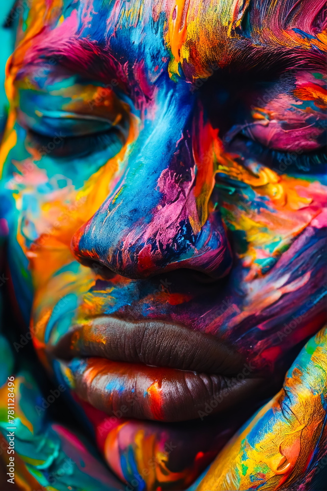 A woman with colorful paint on her face.