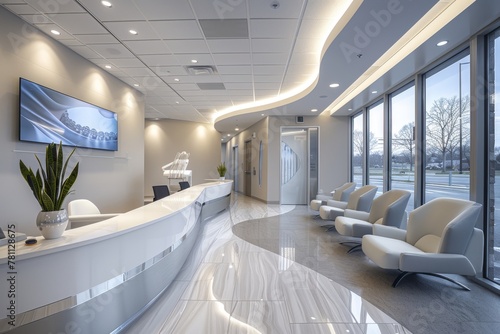 Modern dental clinic reception and waiting area with comfortable seating and minimalist decor