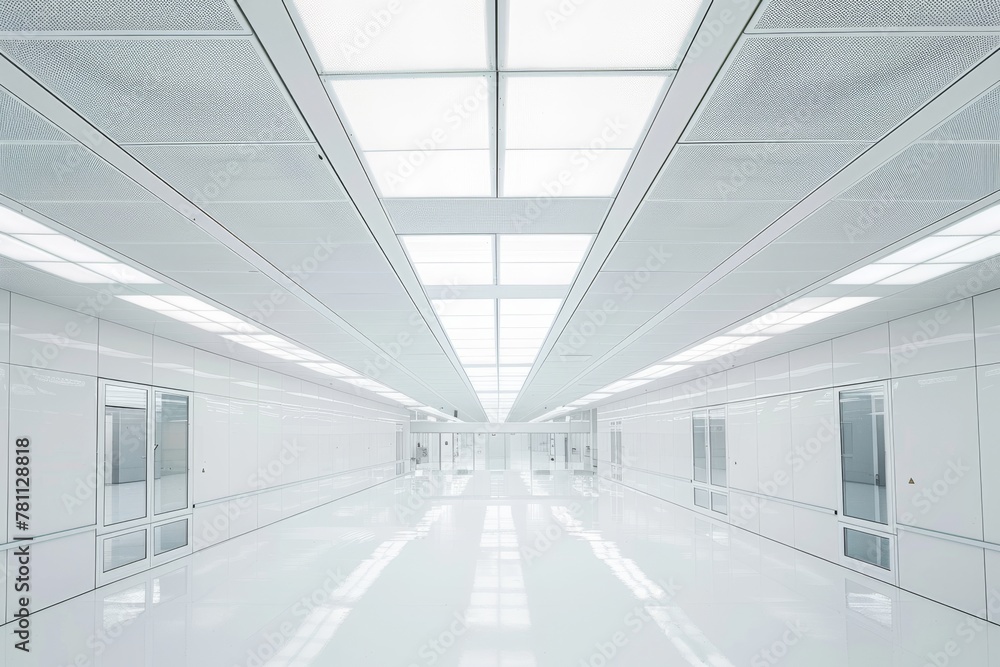 Spacious and modern semiconductor factory floor with clean white interior