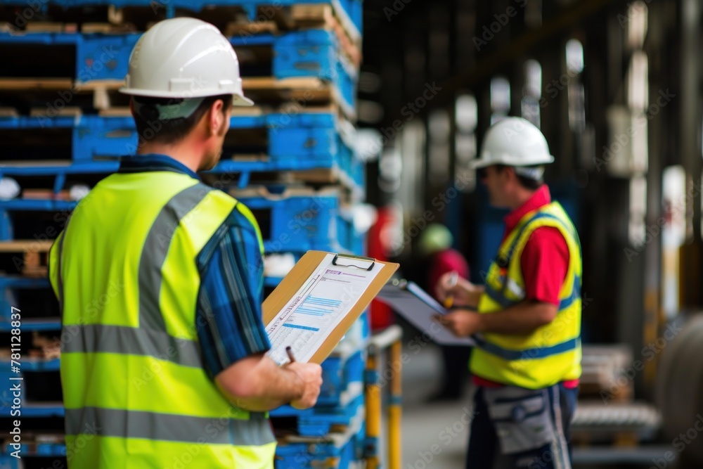 A close-up photo of two male workers in high-visibility working together A close-up photo of two male workers in high-visibility working together