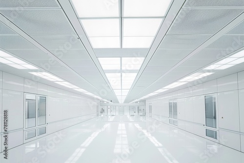 Spacious and modern semiconductor factory floor with clean white interior