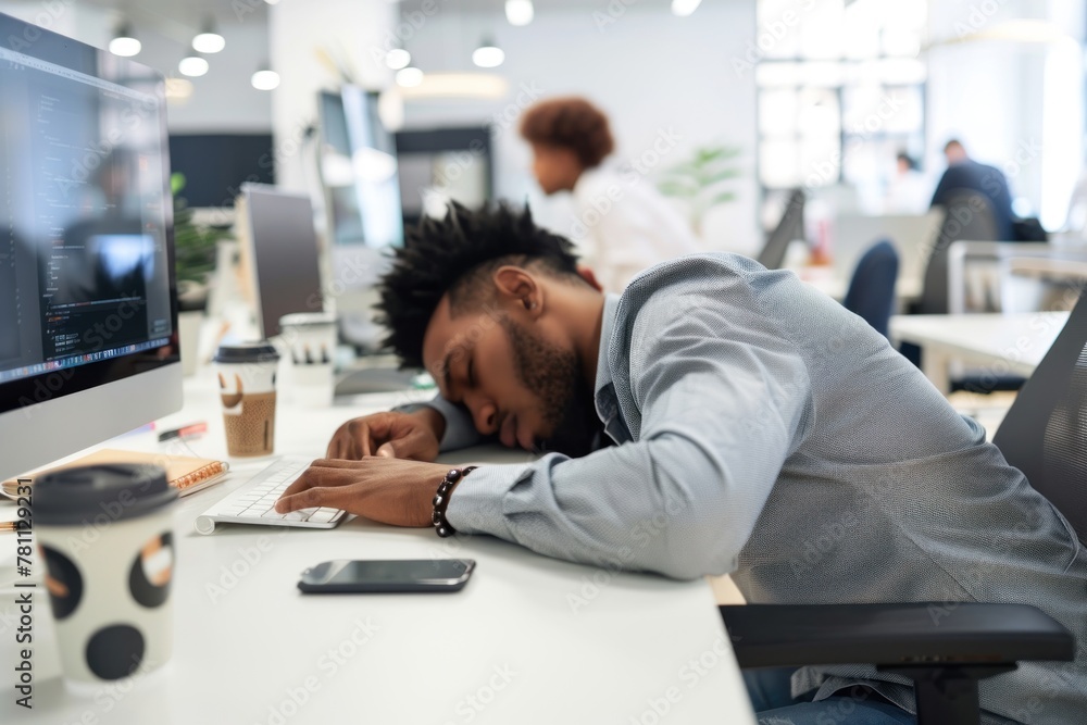 A man is sleeping at his computer desk A man is sleeping at his computer desk
