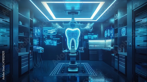 Advanced futuristic dental clinic interior with holographic displays and modern equipment photo