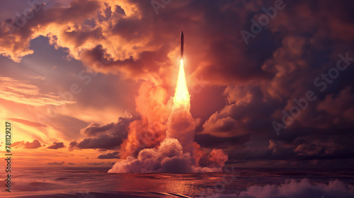 A rocket is launching from the ocean at sunset, with the afterglow coloring the sky in hues of red and orange, creating a stunning atmospheric phenomenon against the dusky horizon