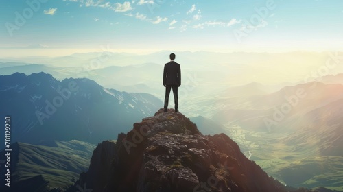 A businessman standing on top of a mountain  looking out at a landscape symbolizing endless opportunities for business growth.