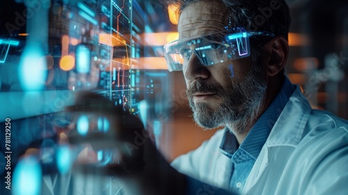 Focused scientist with augmented reality glasses in high-tech lab photo
