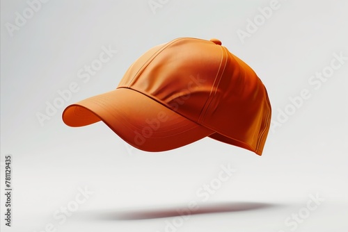 Vibrant orange sports cap floating in the air, isolated on a white background in a detailed, high resolution, professional photograph with sharp focus and very realistic detail, flying angle