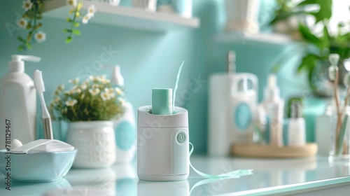 Close-up of a dental floss dispenser on a bathroom counter with personal care items photo