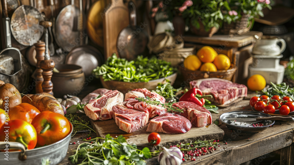 Dressed pork cuts with farm fresh vegetables and fruits on rustic wooden table with vintage cookware