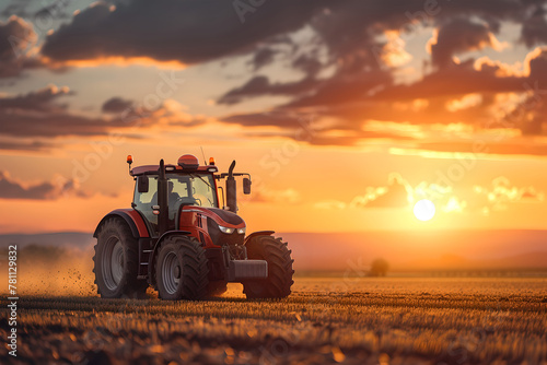 a tractor driving a field at sunset, photorealistic landscapes, light silver and dark orange,a farmer plows dirt agricultural land, sunlight , clouds 
