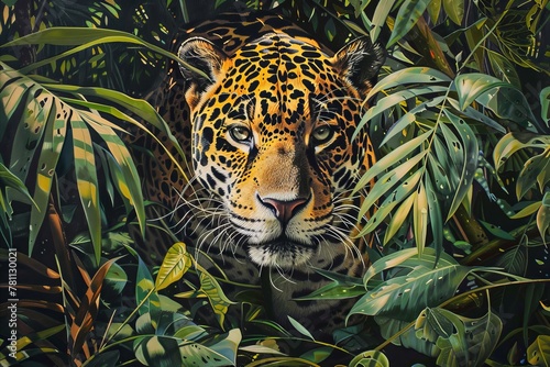 The agile jaguar in  Lush Labyrinth   maneuvering expertly through an entangled  dense jungle of jungle shadow plants  punctuated by glimpses of vibrant parrot feather green flashes among the foliage