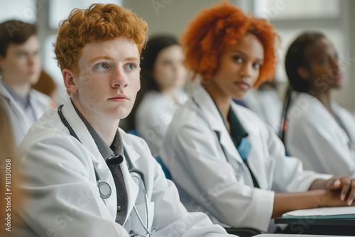 A group of medical students in white lab coats is attentively listening during a lecture. photo