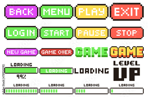 Game Pixel Text. Mega bundle. back, menu, play, exit, log in, start, pause, stop, new game, game over, loading, level up. Vector Illustration