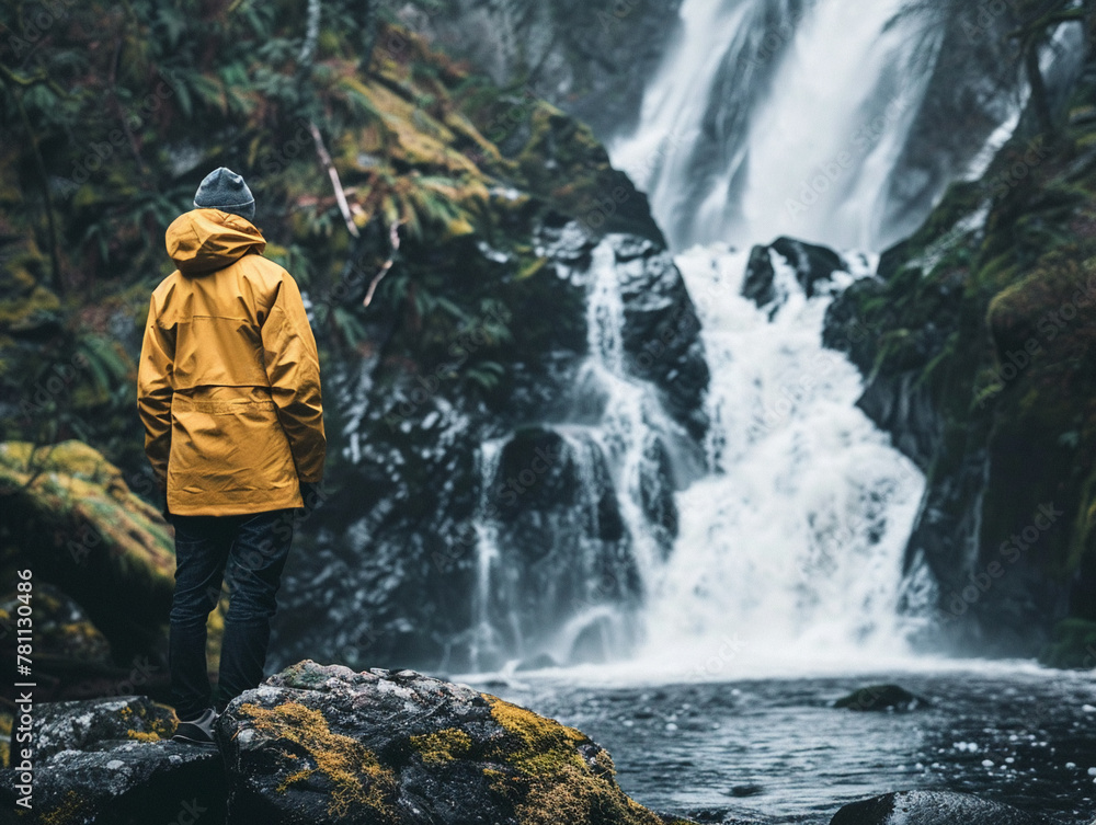 Capture a trail adventurer in a yellow jacket standing off to the side of a gentle waterfall that cascades over mossy rocks. 