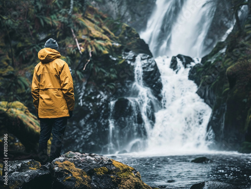 Capture a trail adventurer in a yellow jacket standing off to the side of a gentle waterfall that cascades over mossy rocks. 