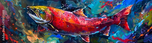Leaping salmon, vibrant colors, splash detail, underwater light