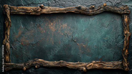 Rustic driftwood framing a textured teal-coloured wall.